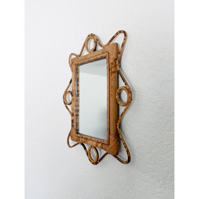 Franco Albini 1960s Italian Riviera Style Burnt Bamboo Rattan Wall Mirror With Scalloped Frame For Sale - Image 4 of 10