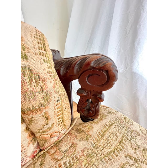 French Vintage Louis XV Bergere Sofa French Walnut Brocade 1930s For Sale - Image 3 of 5