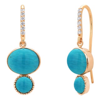 14k Yellow Gold Diamond & Natural Turquoise Shepherd Hoop Earrings, Pair For Sale