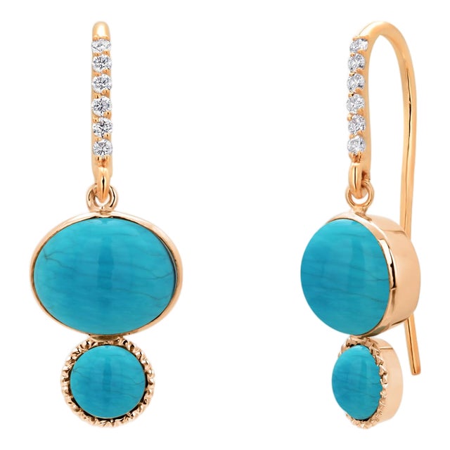 14k Yellow Gold Diamond & Natural Turquoise Shepherd Hoop Earrings, Pair For Sale