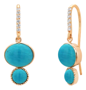 14k Yellow Gold Diamond & Natural Turquoise Shepherd Hoop Earrings, Pair