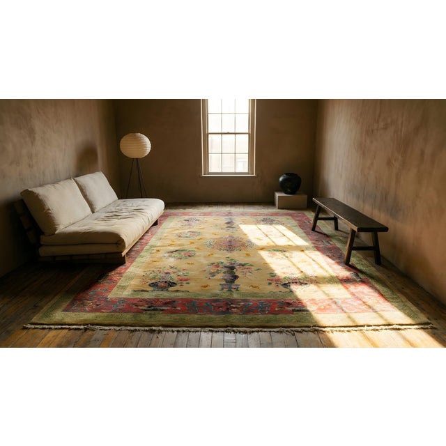 1920s Soft Yellow Field Antique Vase Floral Shou Symbols Chinese Art Deco Rug For Sale - Image 12 of 14