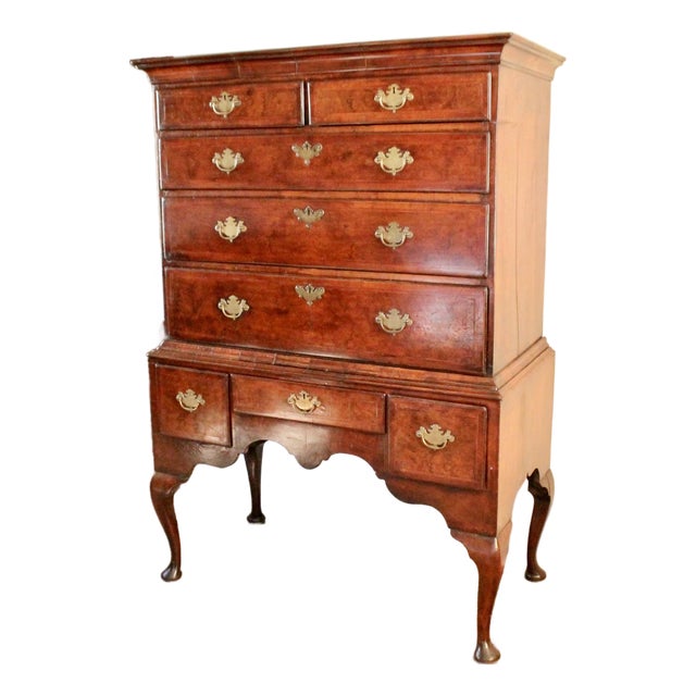 Early Georgian English Burl Walnut Highboy Chest on Stand For Sale