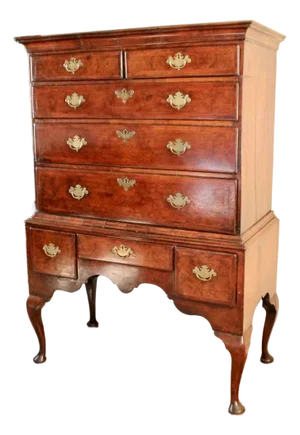 Early Georgian English Burl Walnut Highboy Chest on Stand