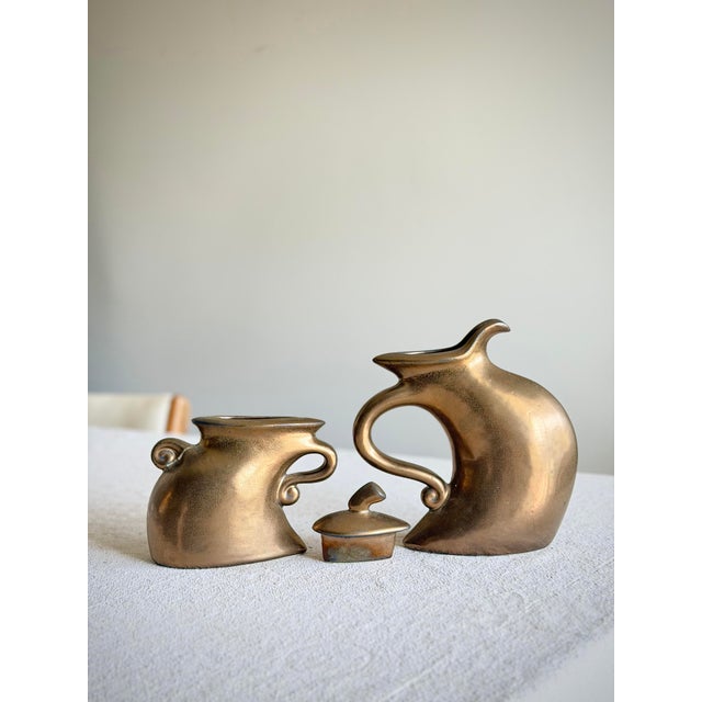 Vintage Michael Lambert Bronze Glazed Sculptural 2-Piece Tea Set Signed Studio Pottery Collection For Sale - Image 4 of 12