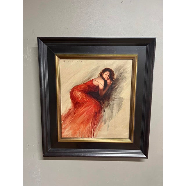 Early 21st Century Crimson by Derek Harrison | Oil on Linen Painting of a woman in a red dress lying down For Sale - Image 5 of 5