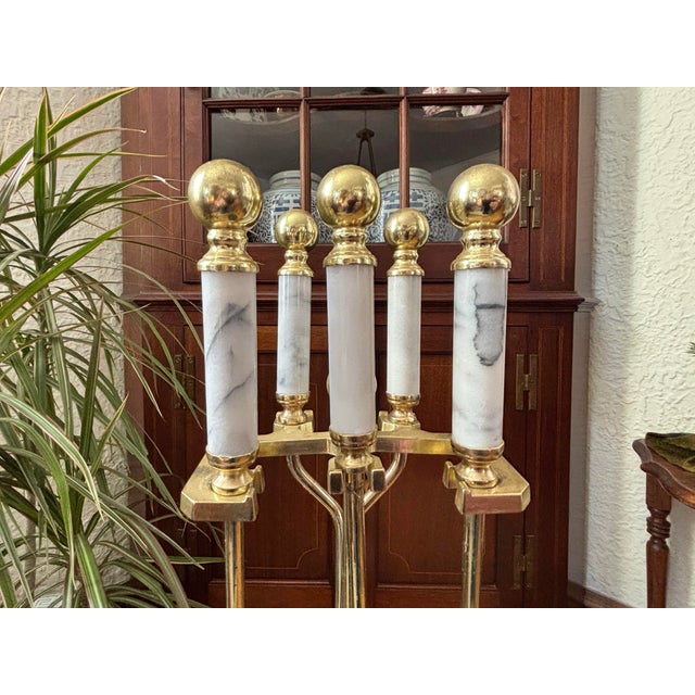 1980s Italian white marble and brass fireplace tools on matching stand. Features four tools, including tongs, shovel,...