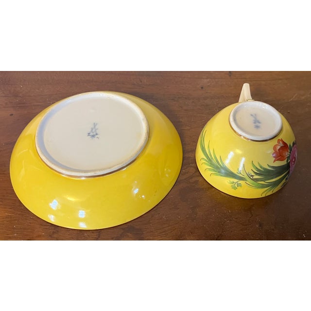 Antique 19th Century Meissen Porcelain Tea Cup and Saucer With Tropical Floral Decoration on a Bright Yellow Ground For Sale - Image 11 of 11