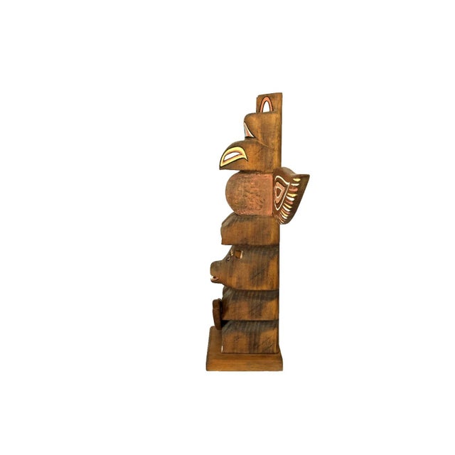 Expressionism Tlinget Totem Pole Pacific Northwest Eagle Bear W Fish Hand Carved Cedar 17.75" For Sale - Image 3 of 13