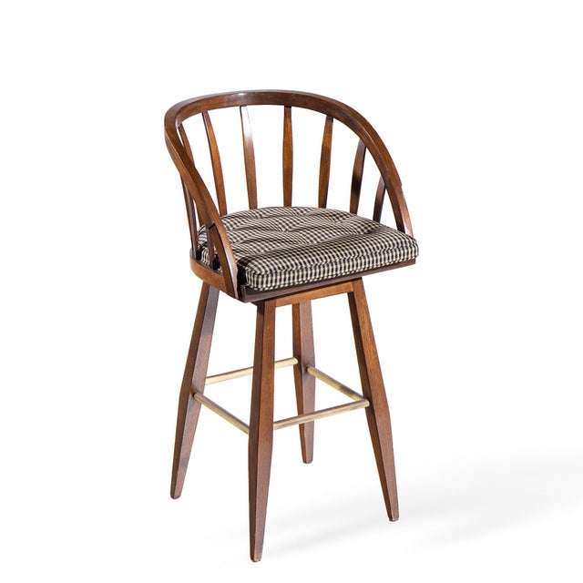 Edward Wormley for Dunbar Mid Century Mahogany and Brass Barstools - Set of 3 For Sale - Image 10 of 11