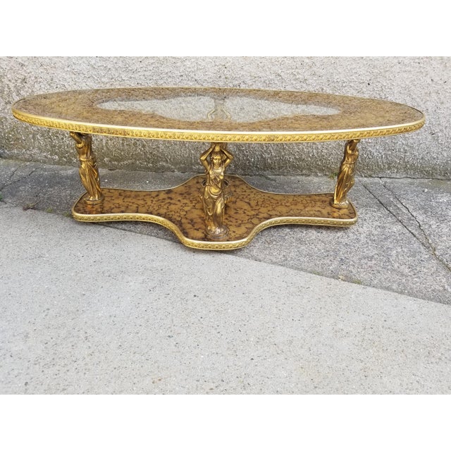 Hollywood Regency Victorian Modern Statue Ornate Gold Glass Coffee