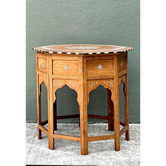 English Vintage Inlaid Wood Octagonal Side Table For Sale - Image 3 of 12