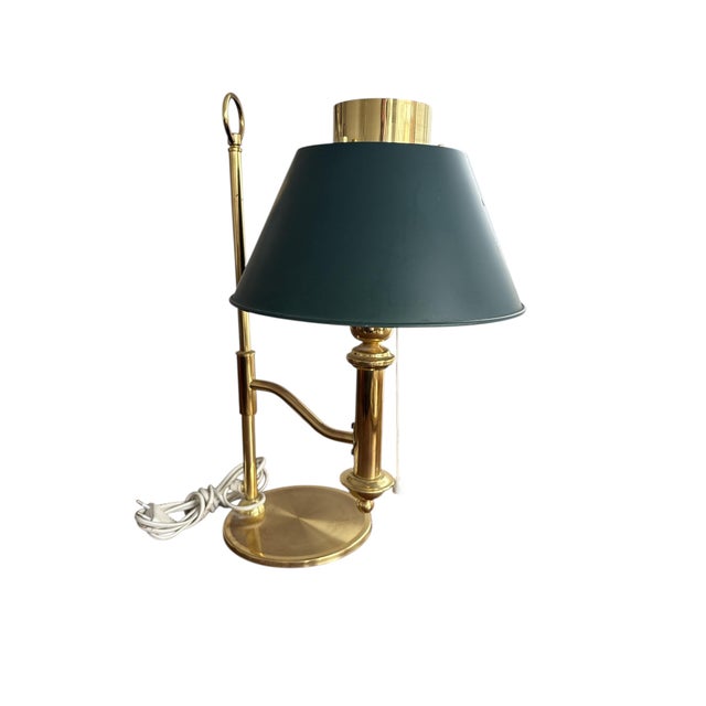 Classic brass desk lamp with green shade and pull switch. Timeless English banker style, ideal for desk or study. European...