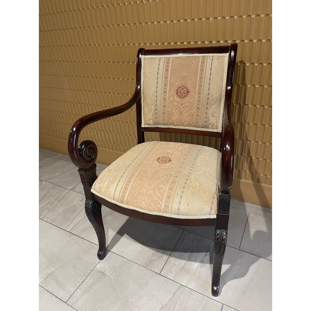 Late 20th Century Empire Revival Faiteuil Carved Mahogany & Brocade Armchair For Sale - Image 10 of 11