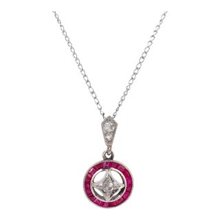 1930s Art Deco Diamond Ruby Platinum 14k White Gold Necklace For Sale