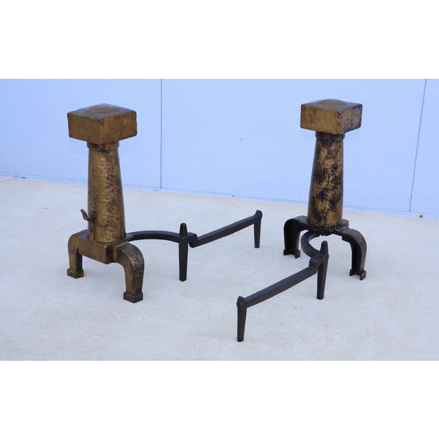 1930's Large Arts And Crafts Hammered Iron Andirons - A Pair For Sale - Image 10 of 12