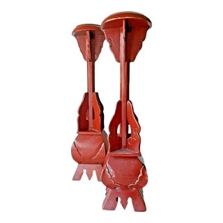 19 Century Burmese Church Altar Red Lacquer Candle Stands- a Pair For Sale