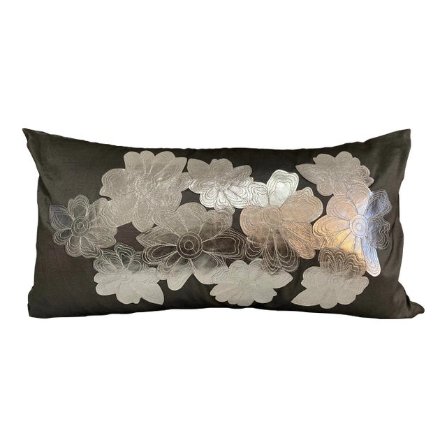 Contemporary Metallic Silver Floral Embellished Lumbar Accent Pillow Cover For Sale