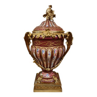 Burgundy French Style Porcelain Covered Vase With Gold Leaf Details & Gilt Bronze Mounts For Sale