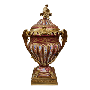 Burgundy French Style Porcelain Covered Vase With Gold Leaf Details & Gilt Bronze Mounts