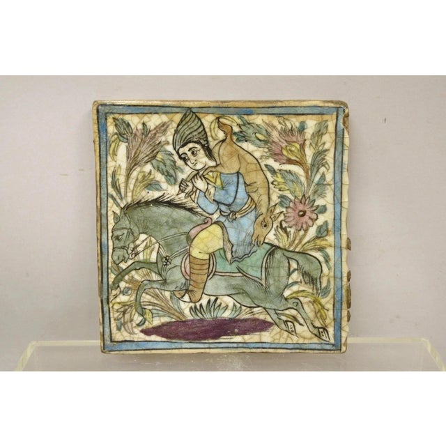 Antique Persian Iznik Qajar Style Ceramic Pottery Square Tile Hunter & Horse C4 For Sale - Image 10 of 10