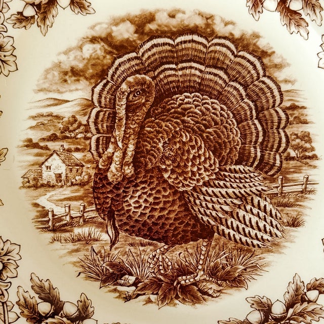 Royal Stafford Royal Stafford English Brown Transferware Turkey Thanksgiving Salad Plates - Set of 12 For Sale - Image 4 of 6