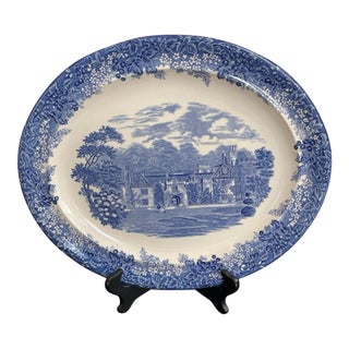 Vintage Wedgwood Queen’s Ware Romantic England Blue/White Ceramic Oval Platter For Sale