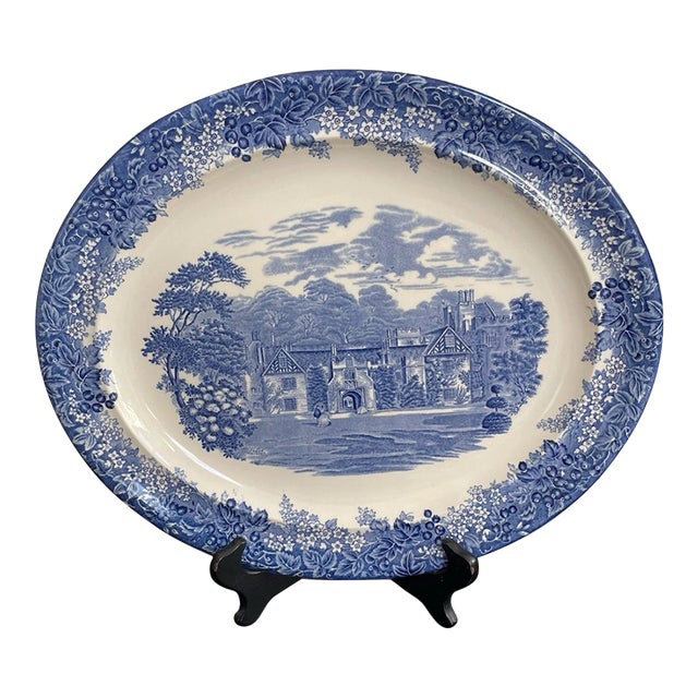 Vintage Wedgwood Queen’s Ware Romantic England Blue/White Ceramic Oval Platter For Sale