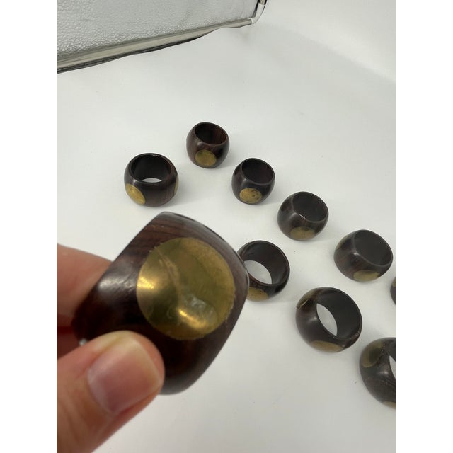 Set of Twelve Vintage Mid Century Modern Wood and Brass Napkin Rings For Sale In Greenville, SC - Image 6 of 7