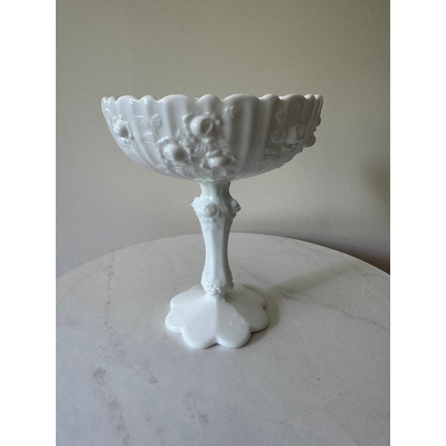 Mid-Century Modern Vintage Milk Glass Pedestal Compote With Embossed Rose and Fruit Relief, C. 1950s–60s For Sale - Image 3 of 7