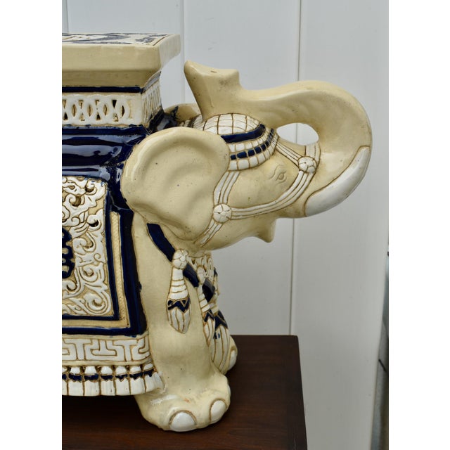 Ceramic Elephant Garden Stool Side Table Plant Stand Chinese Cream Blue For Sale - Image 9 of 15