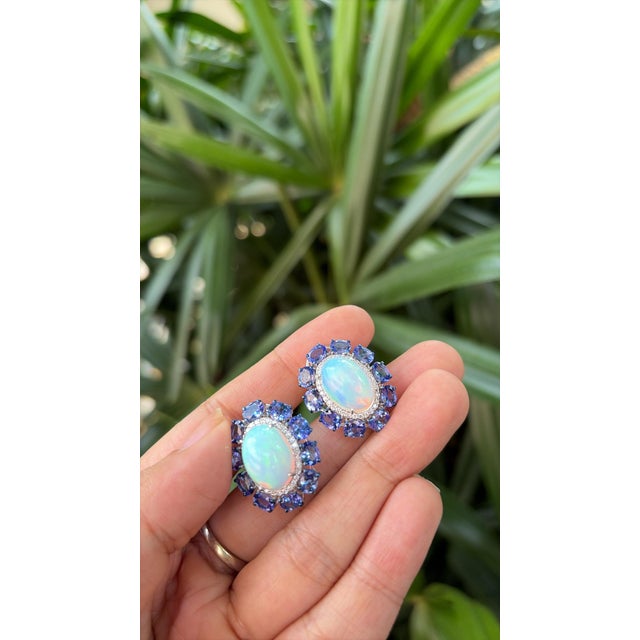 White Set in 18k White Gold, Ethiopian Opal, Tanzanite & Diamonds Modern Stud Earrings, Pair For Sale - Image 8 of 11