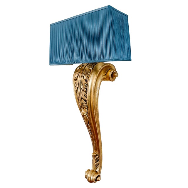 French Grand Scale Parisian Giltwood Corbel Sconces With Blue Pleated Silk Shades - A Pair For Sale - Image 11 of 13