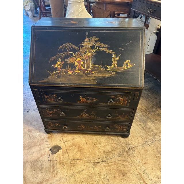 Rare 19th century English childs secretary slant front desk, decorated in chinoiserie with nooks and compartments inside,...