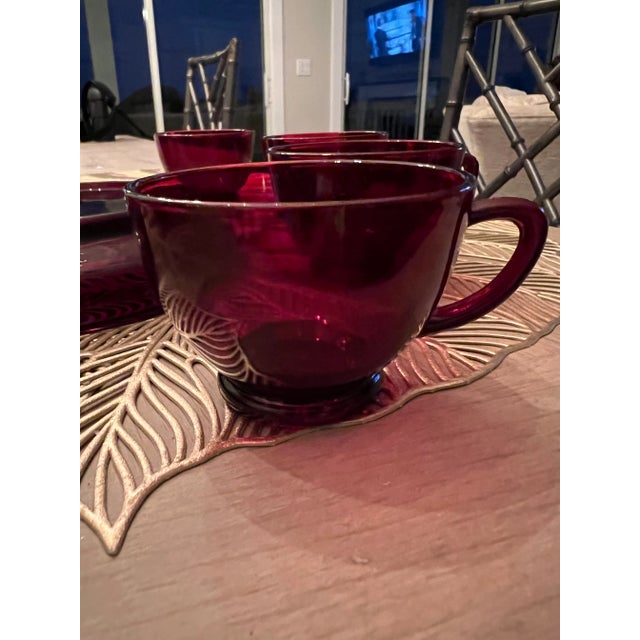 Glass Vintage Royal Red Punch Bowl With Cups and Pedestal- 11 Pieces For Sale - Image 7 of 13