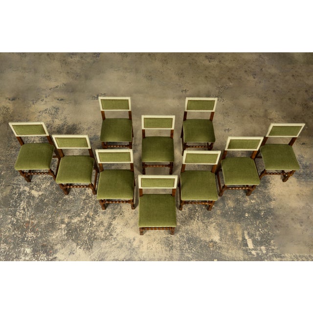 Late 19th Century French Louis XIII Oak Dining Chairs in Moss Green, Set of 10 For Sale - Image 4 of 18
