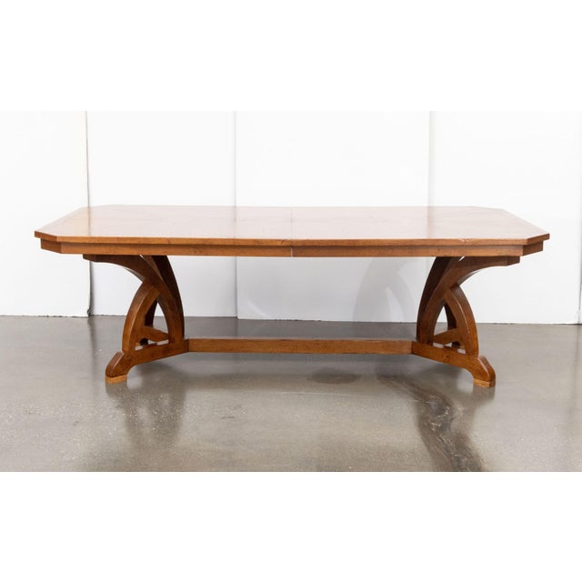 Modern Walnut Octagonal Extending Dining Table, with two extension leaves and on four supports conjoined by H-form...