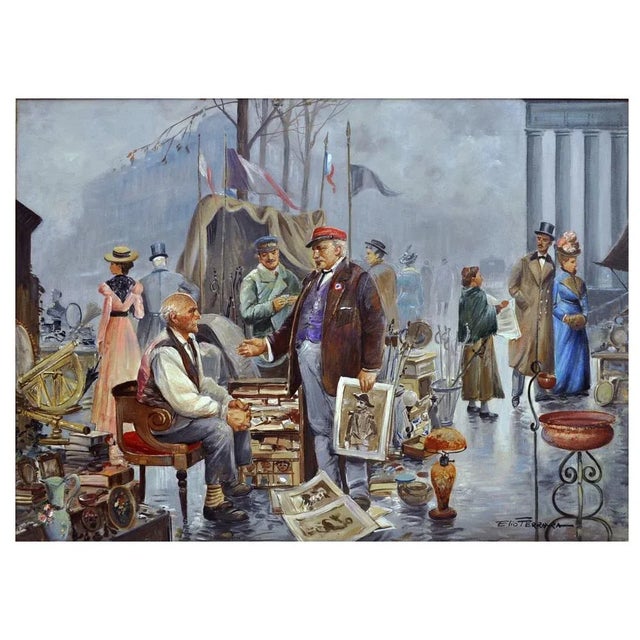 Paris Marche' aux Puces - Oil on canvas Elio Ferrara, Italy, 1980s Gold gilded wooden frame cm.76x96 Elio Ferrara was born...