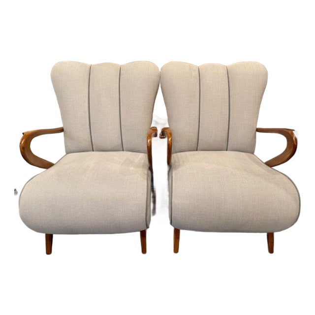 Pair of Italian Art Deco Style Club Chairs With Grey Upholstery For Sale