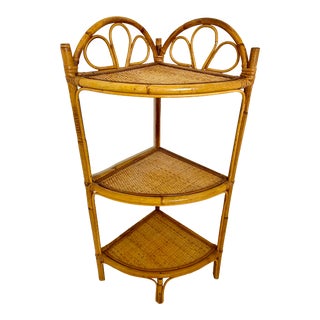 Vintage Boho Chic Rattan and Wicker Corner Shelf For Sale