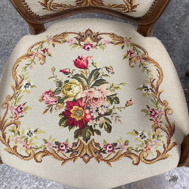 Brown Antique Louis XV Style Needlepoint Arm Chairs, Pair For Sale - Image 8 of 12