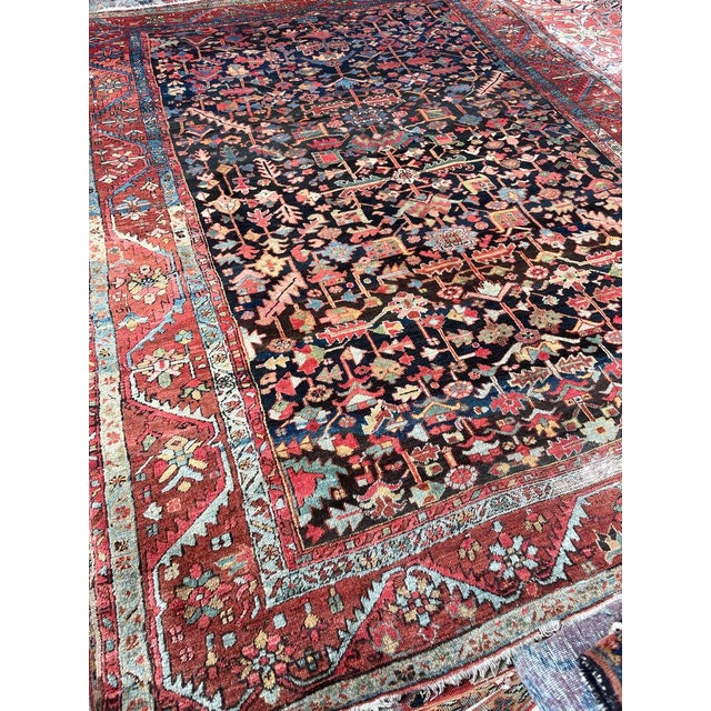 Textile 1920s NORTHWEST PERSIAN HERIZ VILLAGE CARPET Century Old Indigo-Ground Organic Wool & Dyes 8.9 x 11.9 For Sale - Image 7 of 17