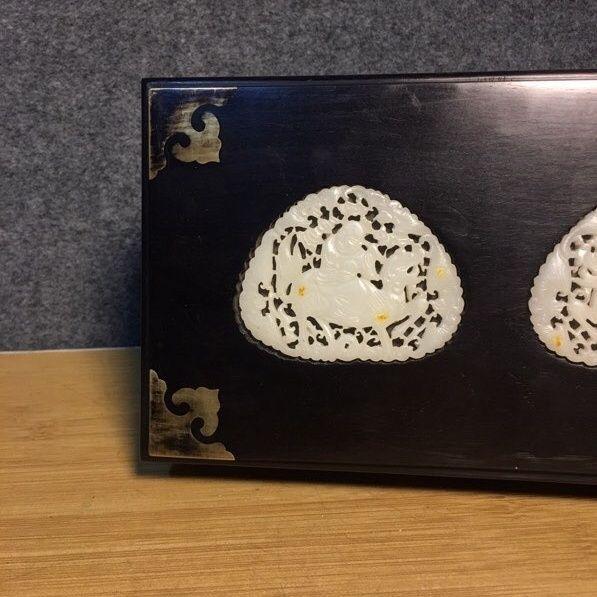 Late 20th Century Late 20th Century Rosewood & Jade Keepsake Box, Carved White Jade Panels With Gold Corner Fittings For Sale - Image 5 of 9