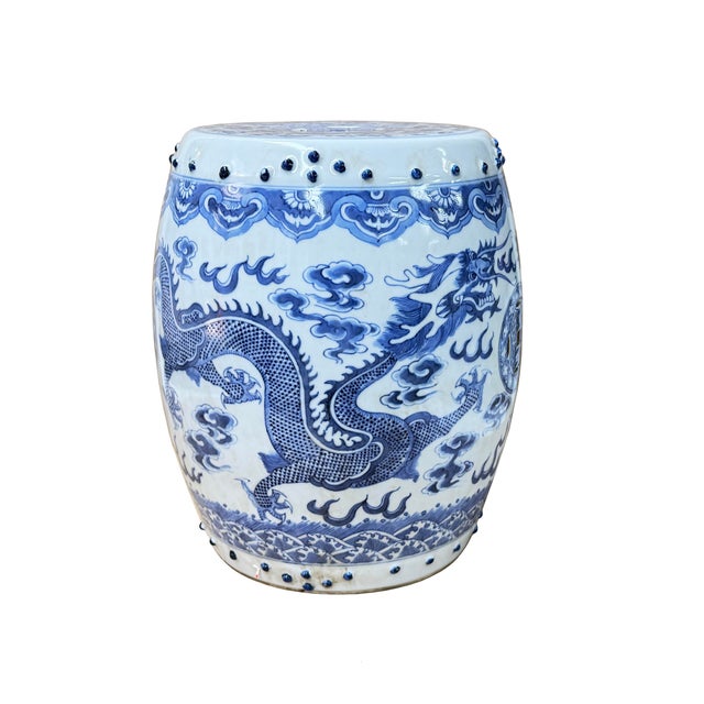 10" Chinese Blue White Porcelain Double Dragons Round Shape Stand Display Art For Sale In San Francisco - Image 6 of 18
