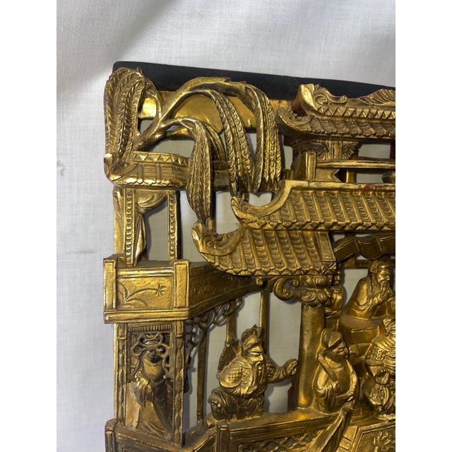 For your consideration is an exquisite antique rectangular Chinese carved deep relief gilt wood panel, depicting warriors...