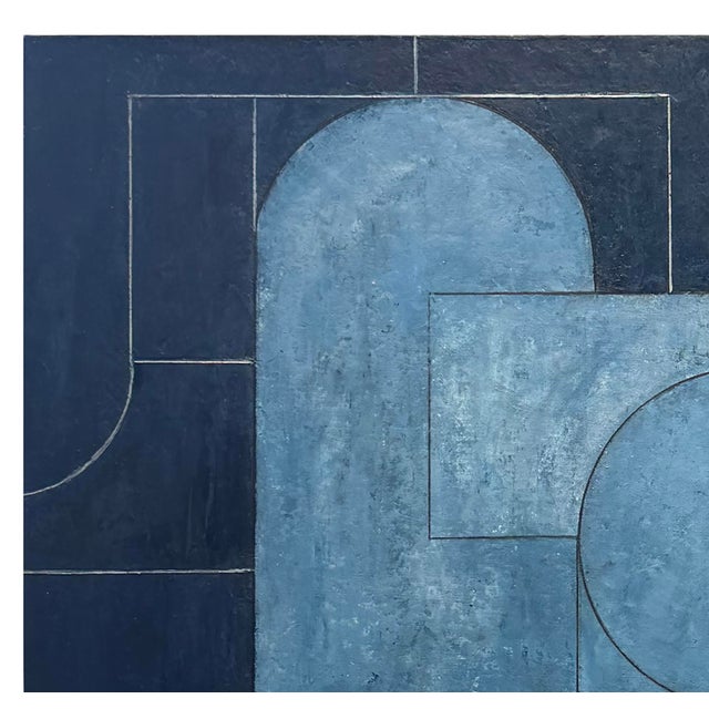 Contemporary Contemporary Geometric, Abstract Oil and Cold Wax Painting Monochromatic Blue/Grey by Stephen Cimini For Sale - Image 3 of 7