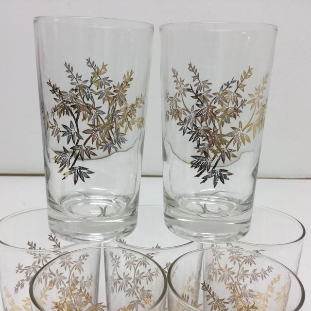 Wood Mid 20th Century Glassware With Gold Bamboo Botanical Design - Set of 7 For Sale - Image 7 of 8