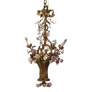 Early 20th Century French Brass & Porcelain Flowers Four-Light Basket Chandelier For Sale
