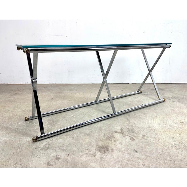 Metal Modernist Maison Jansen Style X-Base Chrome & Glass Console Table For Sale - Image 7 of 12