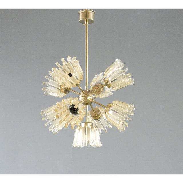 Mid Century Chandelier By Leclaire & Schäfer Circa 1960s Brass body with heavy moulded glass shades - Takes 9x E27 fitting...
